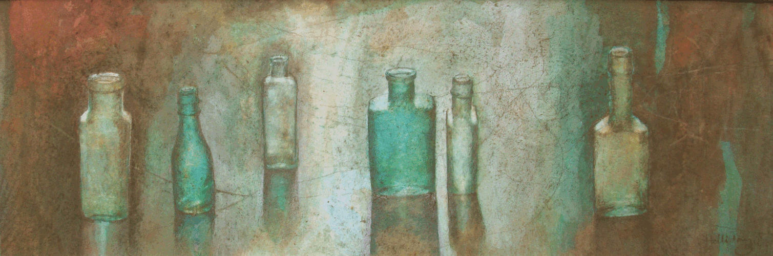 Bottles in a Row, Watercolour Still Life