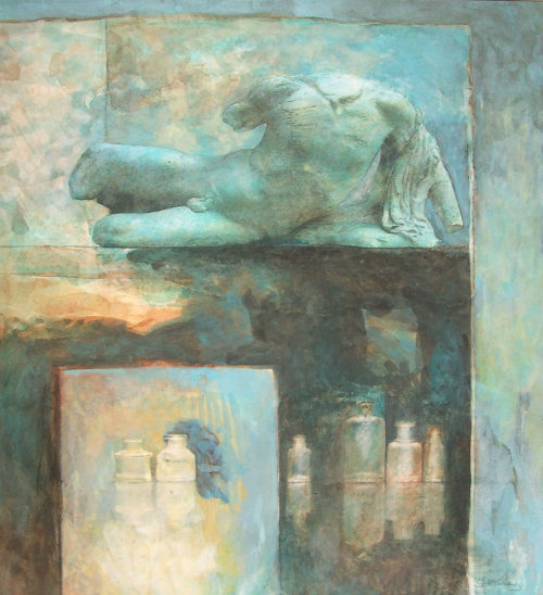 Torso with Bottles, Watercolour Still Life