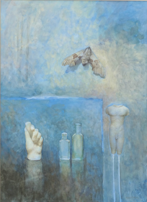 Hand with Figure & Moth, Watercolour Still Life