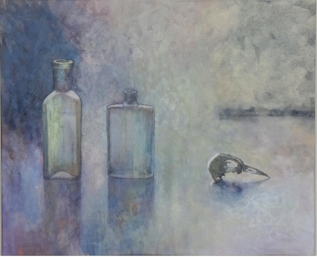 Two Bottles and Little Bird, Watercolour Still Life